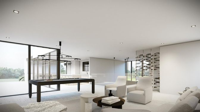 Billiard Table, Game Room, Interior, Pendant Lights, Recessed Lighting