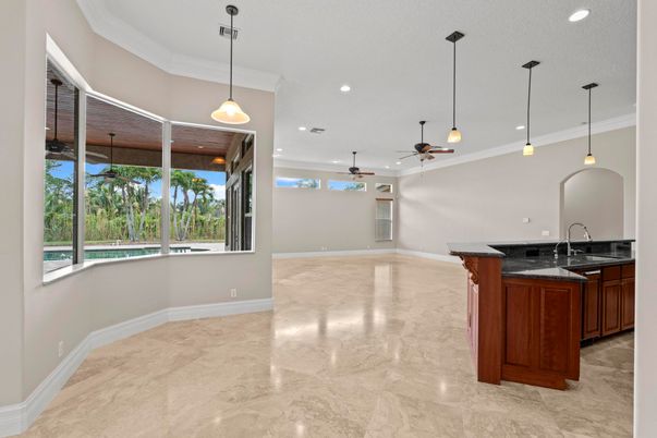 Empty room, Interior, Kitchen, Pendant Lights, Recessed Lighting