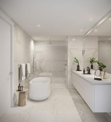 Bathroom, Dual Sink Vanities, Free Standing Baths, Glass Shower, Interior, Marble, Marble Walls, Recessed Lighting