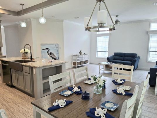 Dining room, Interior, Kitchen, Living room, Pendant Lights, Recessed Lighting, Wood Texture Flooring