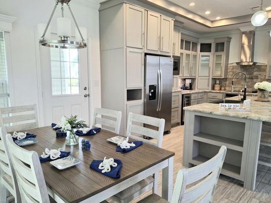 Dining room, Interior, Kitchen, Pendant Lights, Recessed Lighting, Stainless Steel Appliances, Wood Texture Flooring