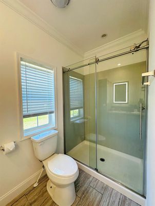 Bathroom, Glass Shower, Interior, Recessed Lighting, Wood Texture Flooring