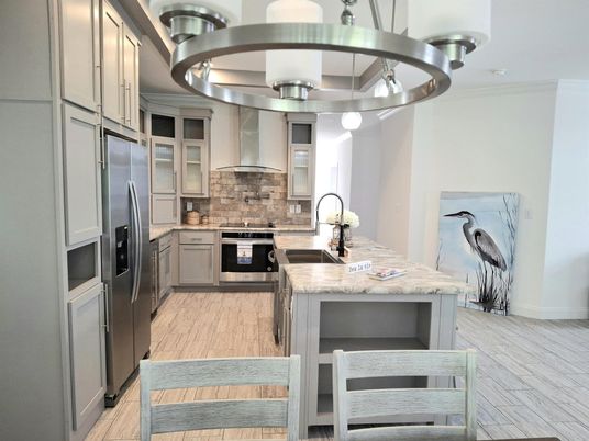 Interior, Kitchen, Pendant Lights, Stainless Steel Appliances, Wood Texture Flooring