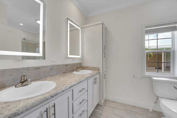 Bathroom, Dual Sink Vanities, Interior, Recessed Lighting, Wood Texture Flooring