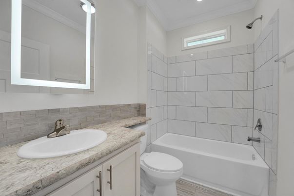 Bathroom, Interior, Recessed Lighting, Wood Texture Flooring