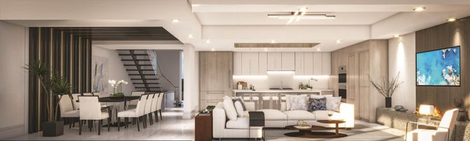 Dining room, Interior, Kitchen, Living room, Recessed Lighting