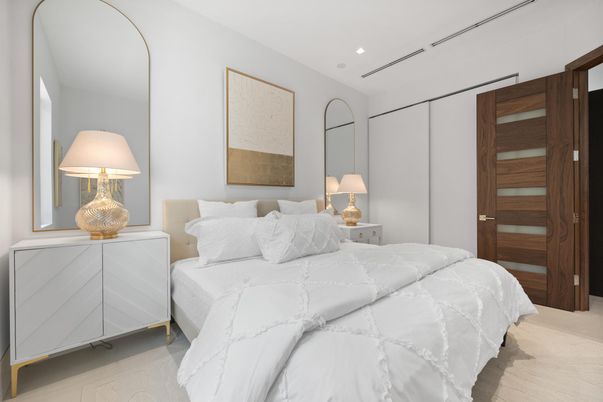 Bedroom, Interior, Recessed Lighting, Wood Texture Flooring