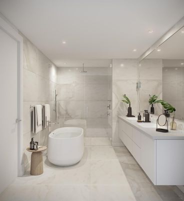 Bathroom, Dual Sink Vanities, Free Standing Baths, Glass Shower, Interior, Marble, Marble Walls, Recessed Lighting