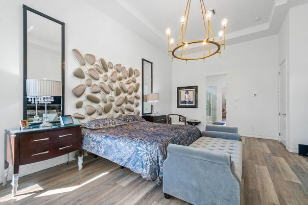 Bedroom, Chandelier, Interior, Pendant Lights, Wood Texture Flooring