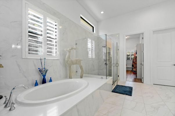 Bathroom, Glass Shower, Interior, Marble, Marble Walls, Recessed Lighting