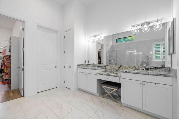 Bathroom, Dual Sink Vanities, Glass Shower, Interior, Marble, Marble Walls, Wood Texture Flooring