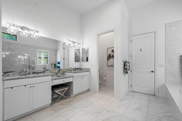 Bathroom, Dual Sink Vanities, Glass Shower, Interior, Marble, Marble Walls