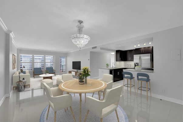 Chandelier, Dining room, Interior, Kitchen, Living room, Recessed Lighting, Stainless Steel Appliances