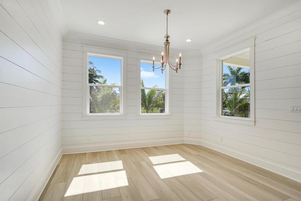 Chandelier, Empty room, Interior, Pendant Lights, Recessed Lighting, Wood Texture Flooring