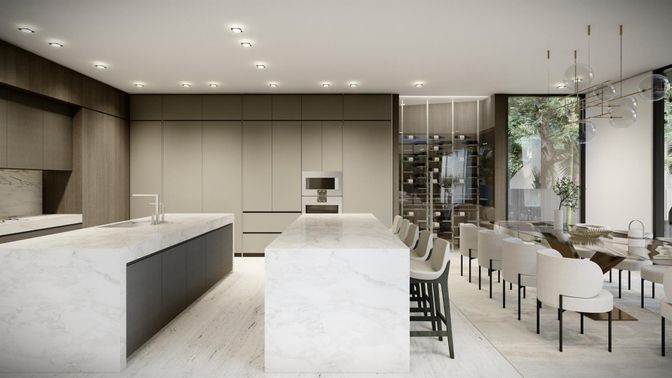 Dining room, Interior, Kitchen, Pendant Lights, Recessed Lighting, Stainless Steel Appliances, Wine Storage, Wood Texture Flooring