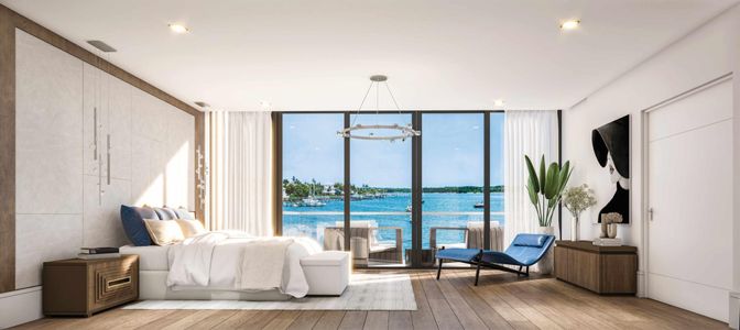 Bedroom, Interior, Pendant Lights, Recessed Lighting, Water, Wood Texture Flooring