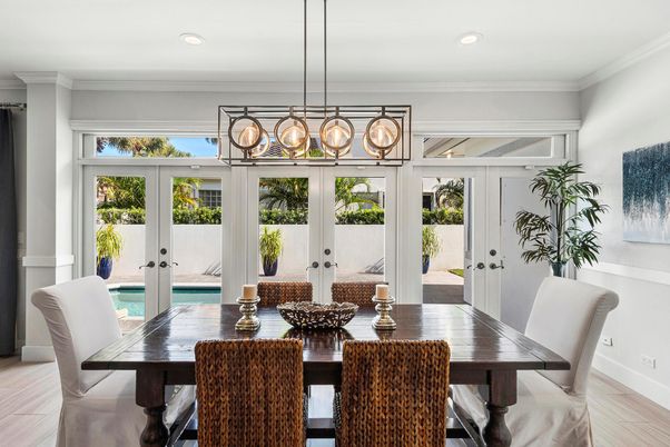 Dining room, Interior, Pendant Lights, Recessed Lighting, Wood Texture Flooring
