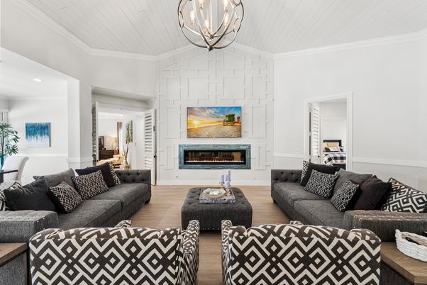 Fireplace, Interior, Living room, Pendant Lights, Wood Texture Flooring