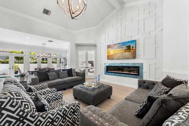 Dining room, Fireplace, Interior, Living room, Pendant Lights, Recessed Lighting, Wood Texture Flooring