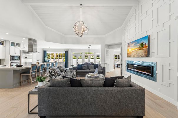 Fireplace, Interior, Kitchen, Living room, Pendant Lights, Recessed Lighting, Stainless Steel Appliances, Wood Texture Flooring