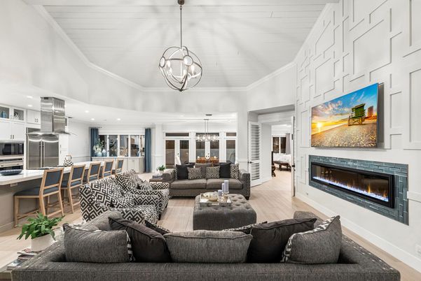 Fireplace, Interior, Kitchen, Living room, Pendant Lights, Recessed Lighting, Stainless Steel Appliances, Wood Texture Flooring