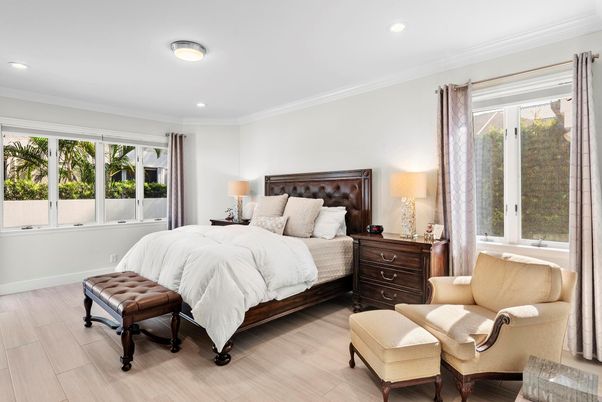 Bedroom, Interior, Recessed Lighting, Wood Texture Flooring
