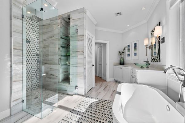 Bathroom, Free Standing Baths, Glass Shower, Interior, Recessed Lighting, Wood Texture Flooring