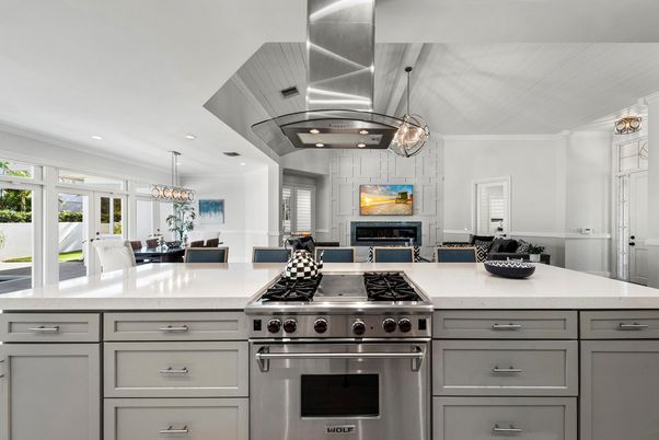 Fireplace, Interior, Kitchen, Pendant Lights, Recessed Lighting, Stainless Steel Appliances
