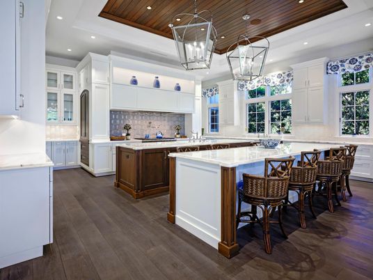 Interior, Kitchen, Pendant Lights, Recessed Lighting, Stainless Steel Appliances, Wooden Ceilings, Wood Texture Flooring