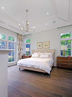 Bedroom, Chandelier, Interior, Recessed Lighting, Wood Texture Flooring