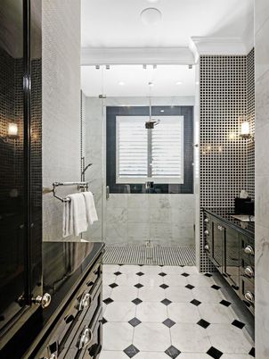 Bathroom, Glass Shower, Interior, Marble Walls, Recessed Lighting