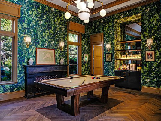 Billiard Table, Game Room, Interior, Pendant Lights, Wood Texture Flooring