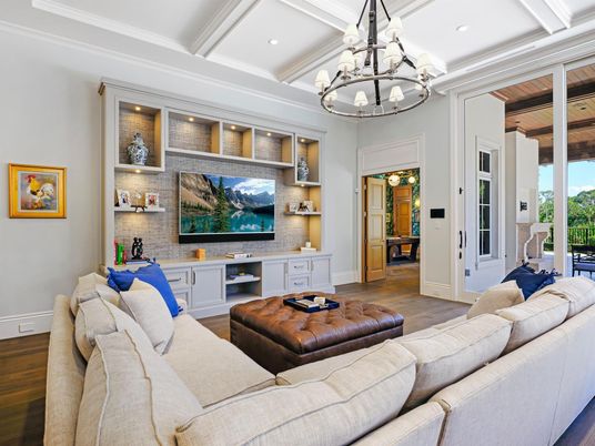 Chandelier, Interior, Living room, Recessed Lighting, Stone Walls, Wood Texture Flooring