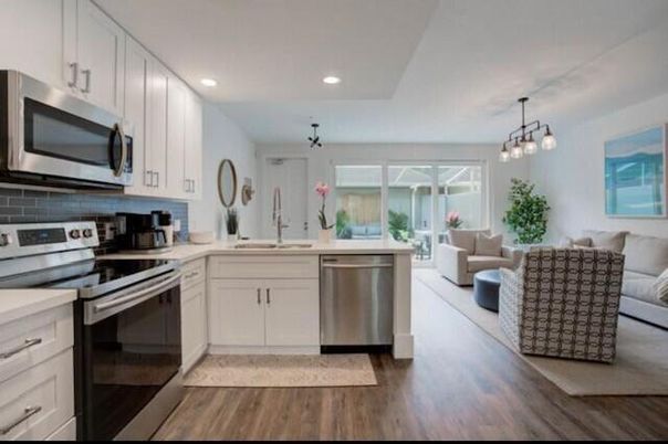 Interior, Kitchen, Living room, Pendant Lights, Recessed Lighting, Stainless Steel Appliances, Wood Texture Flooring