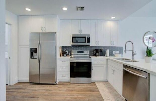 Interior, Kitchen, Recessed Lighting, Stainless Steel Appliances, Wood Texture Flooring
