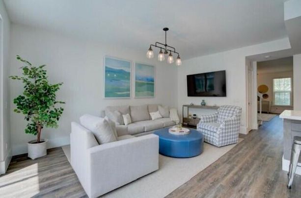 Interior, Living room, Pendant Lights, Wood Texture Flooring