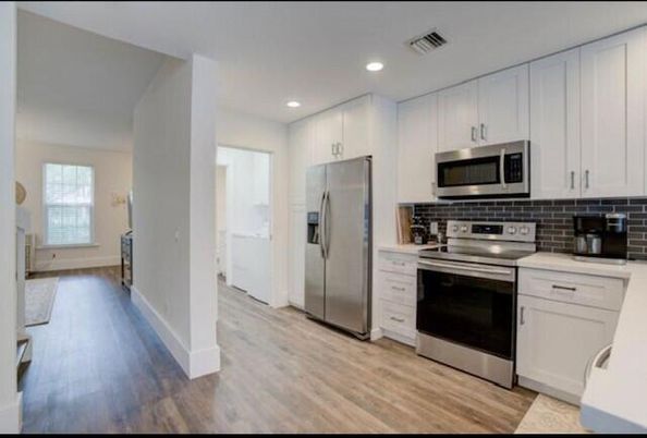 Interior, Kitchen, Recessed Lighting, Stainless Steel Appliances, Wood Texture Flooring