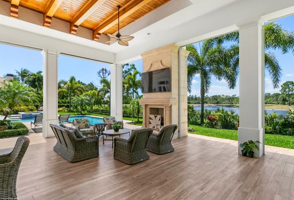 Exterior, Fireplace, Interior, Living room, Pool, Water, Wooden Ceilings, Wood Texture Flooring