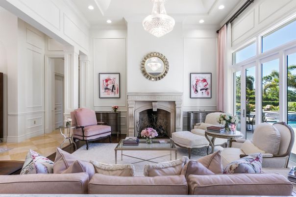 Chandelier, Fireplace, Interior, Living room, Recessed Lighting