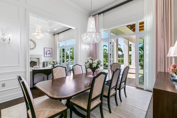 Chandelier, Dining room, Fireplace, Interior, Recessed Lighting