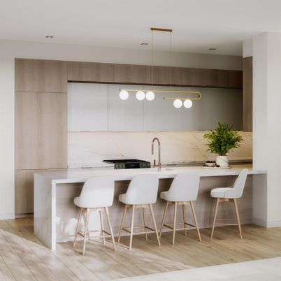 Interior, Kitchen, Marble Walls, Pendant Lights, Recessed Lighting, Wood Texture Flooring