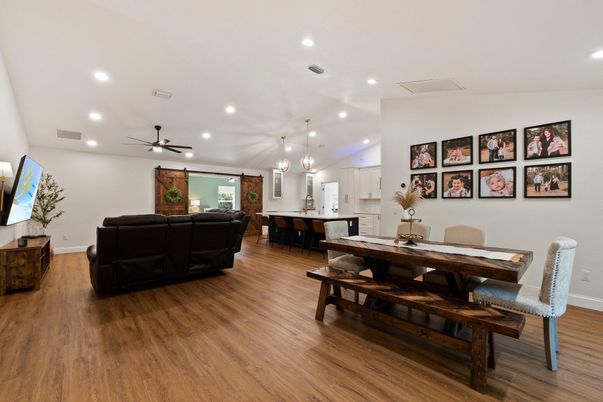 Dining room, Interior, Kitchen, Living room, Pendant Lights, Recessed Lighting, Wood Texture Flooring