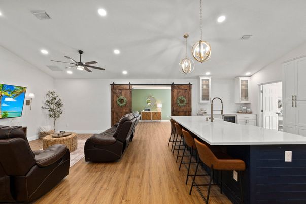 Interior, Kitchen, Living room, Pendant Lights, Recessed Lighting, Wood Texture Flooring