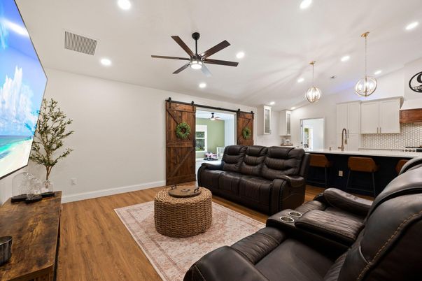 Interior, Kitchen, Living room, Pendant Lights, Recessed Lighting, Wood Texture Flooring