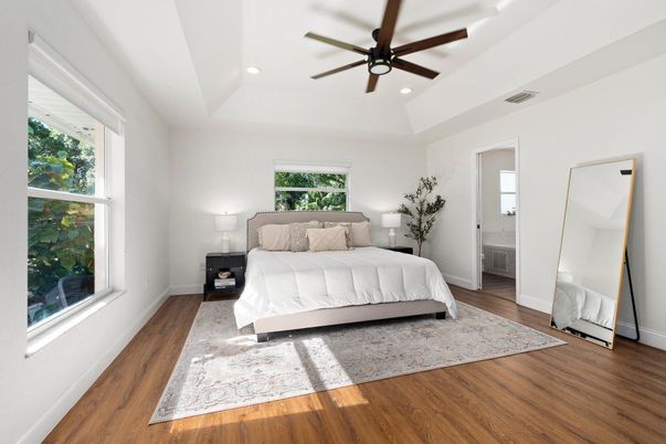 Bedroom, Interior, Recessed Lighting, Wood Texture Flooring