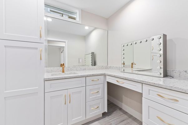 Bathroom, Dual Sink Vanities, Interior, Recessed Lighting, Wood Texture Flooring