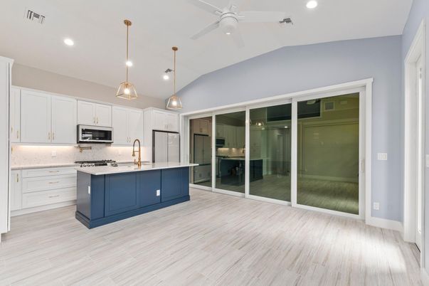 Interior, Kitchen, Pendant Lights, Recessed Lighting, Stainless Steel Appliances, Wood Texture Flooring