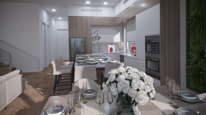 Dining room, Interior, Kitchen, Pendant Lights, Recessed Lighting, Stainless Steel Appliances
