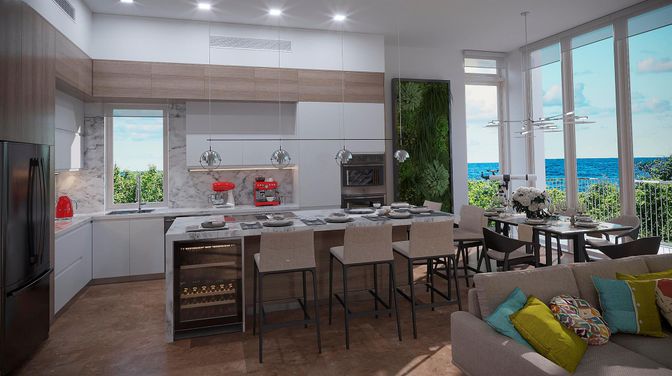 Dining room, Interior, Kitchen, Marble Walls, Pendant Lights, Recessed Lighting, Water
