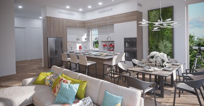 Dining room, Interior, Kitchen, Living room, Pendant Lights, Recessed Lighting, Stainless Steel Appliances